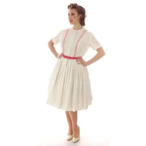 Vintage MCM Day Dress White  w/Pink Embroidery Bobbie Brooks 1950s 36-26-Free