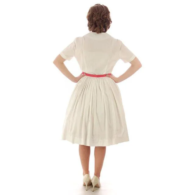 Vintage MCM Day Dress White  w/Pink Embroidery Bobbie Brooks 1950s 36-26-Free