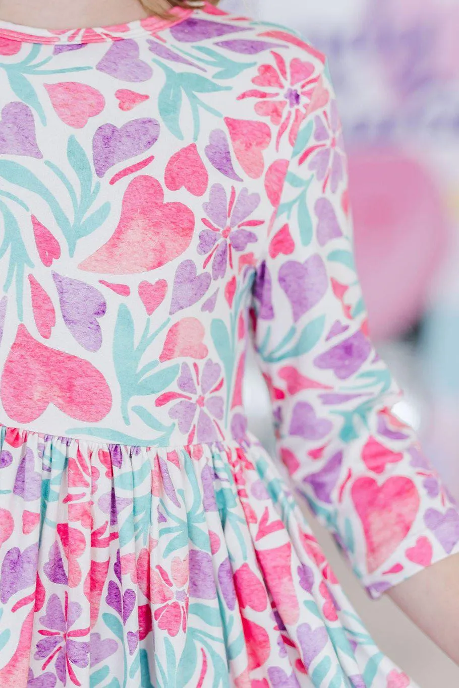 Watercolor Hearts 3/4 Sleeve Pocket Twirl Dress