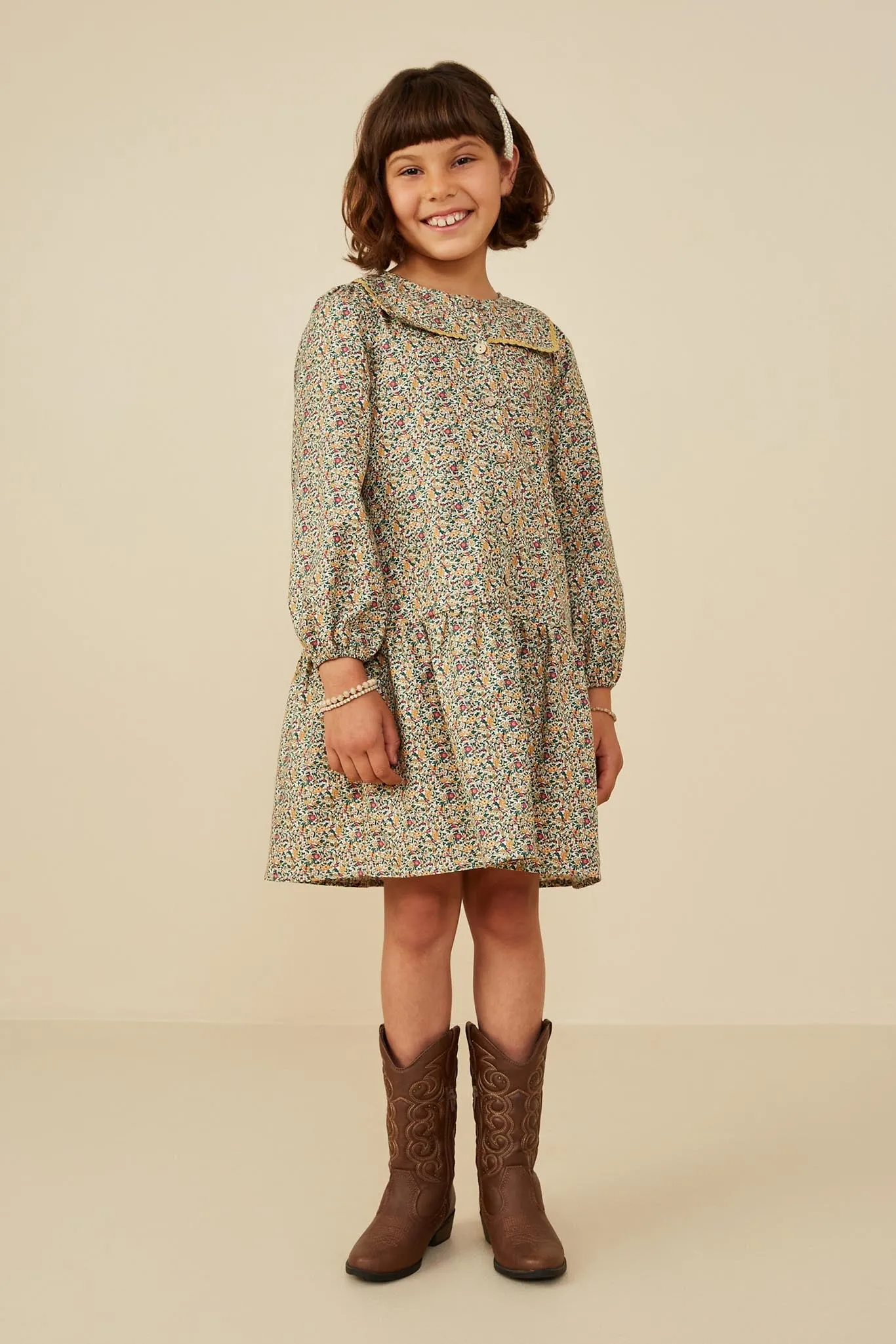 Wavy Twill Trimmed Sailor Collar Printed Dress