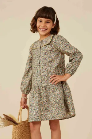Wavy Twill Trimmed Sailor Collar Printed Dress