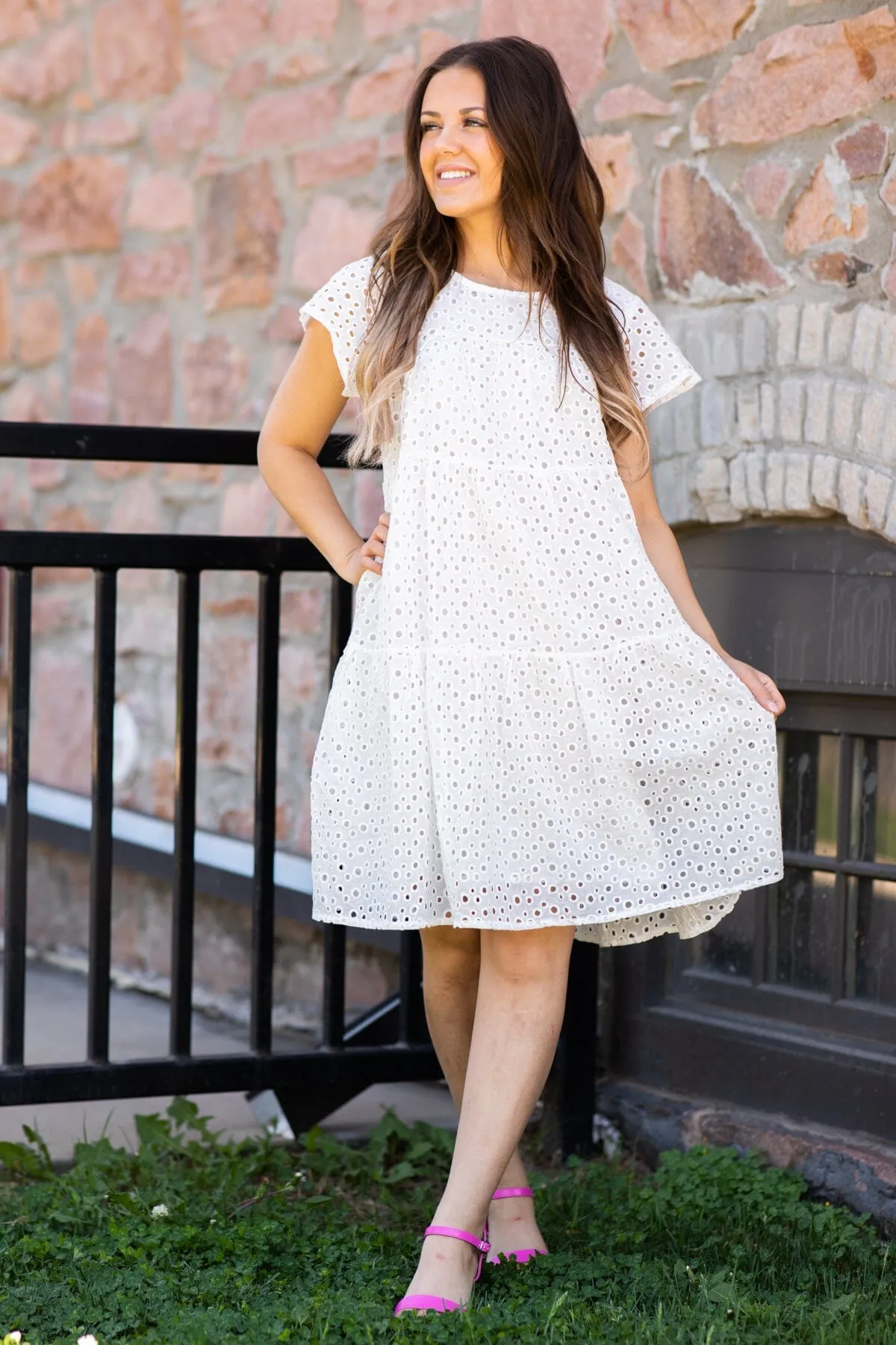 White Eyelet Short Sleeve Dress