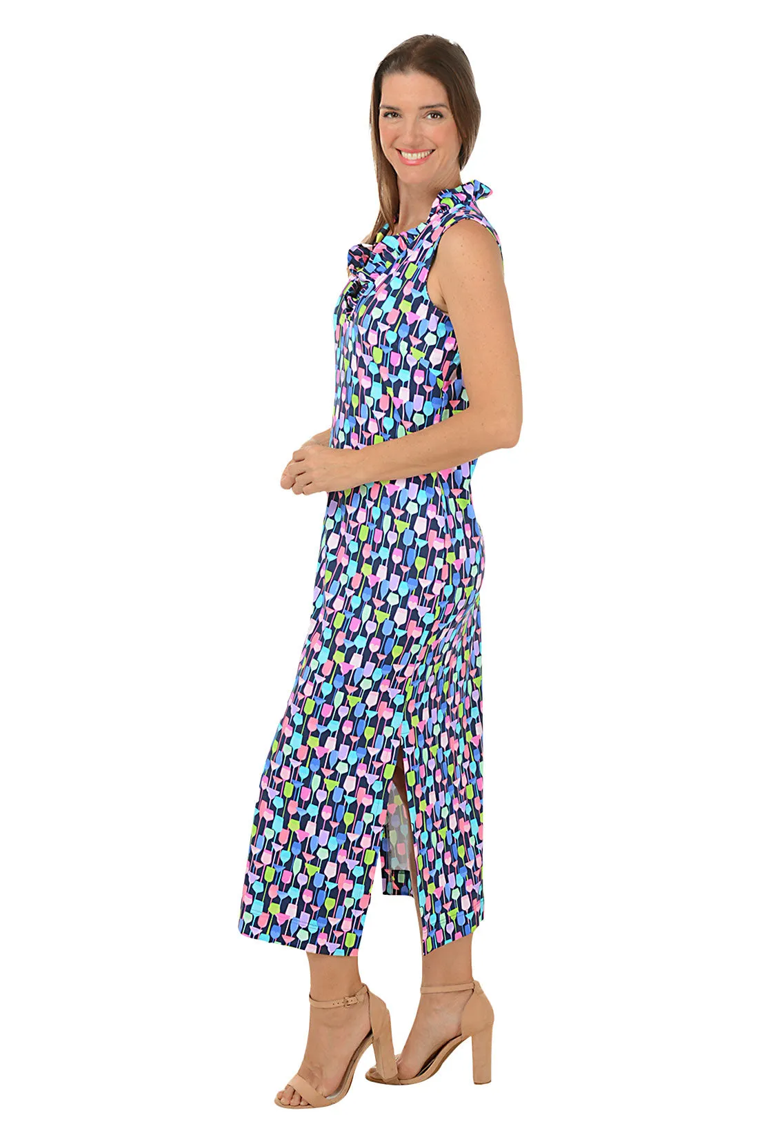 Wine Glasses UPF50  Ruffle Neck Sleeveless Maxi Dress