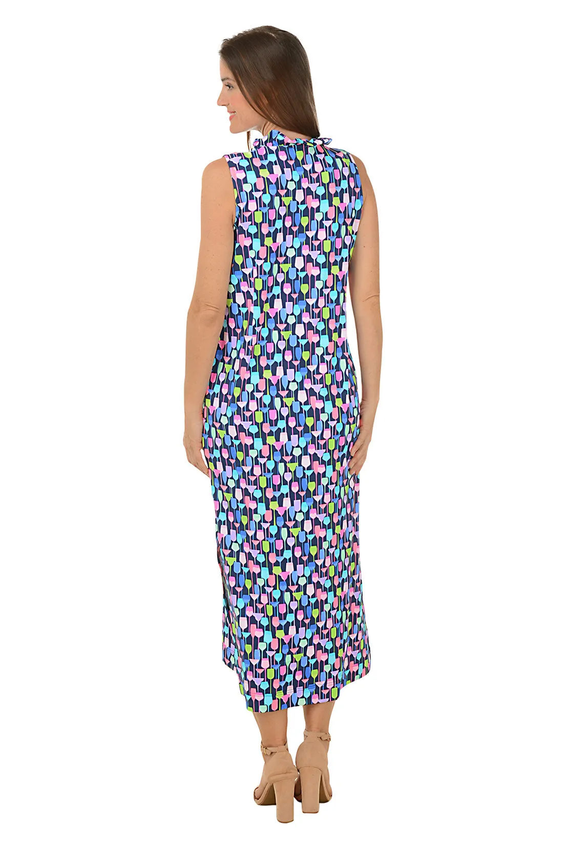 Wine Glasses UPF50  Ruffle Neck Sleeveless Maxi Dress