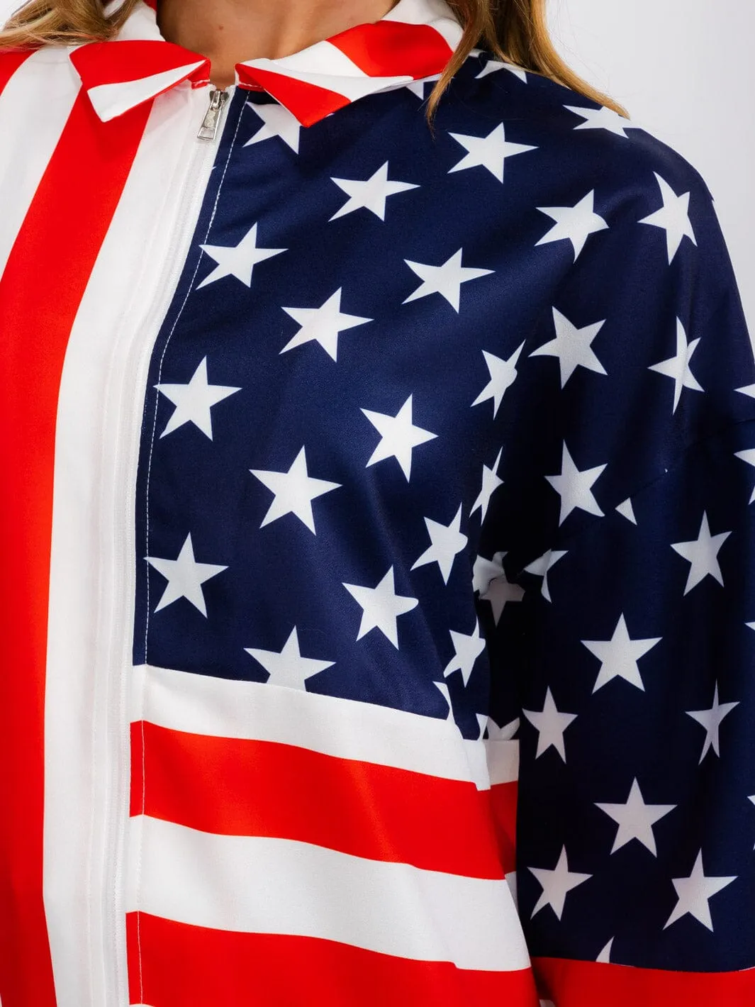 WOMEN'S LONG SLEEVE ZIP UP AMERICA FLAG PRINT LIGHTWEIGHT JACKET