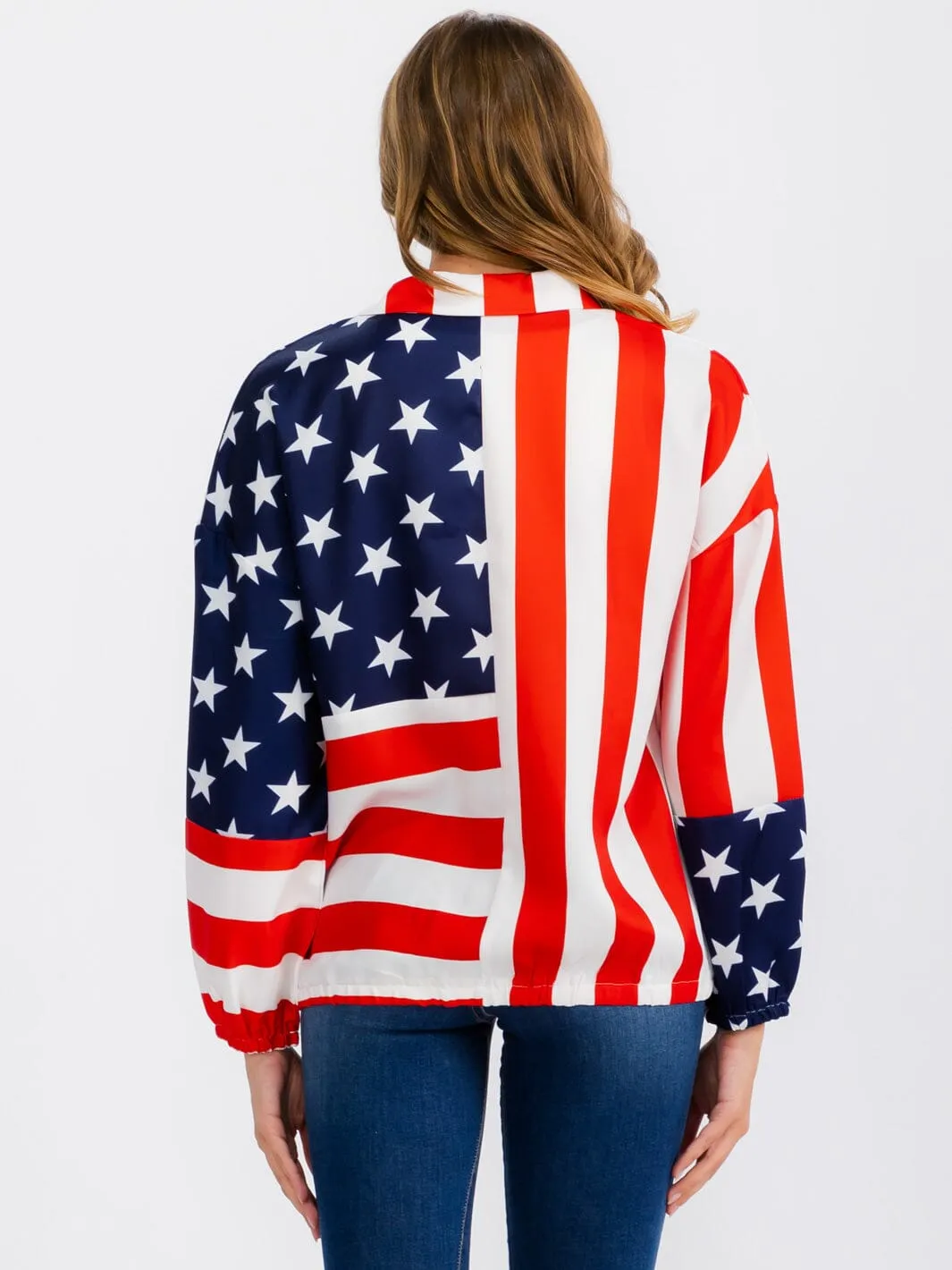 WOMEN'S LONG SLEEVE ZIP UP AMERICA FLAG PRINT LIGHTWEIGHT JACKET