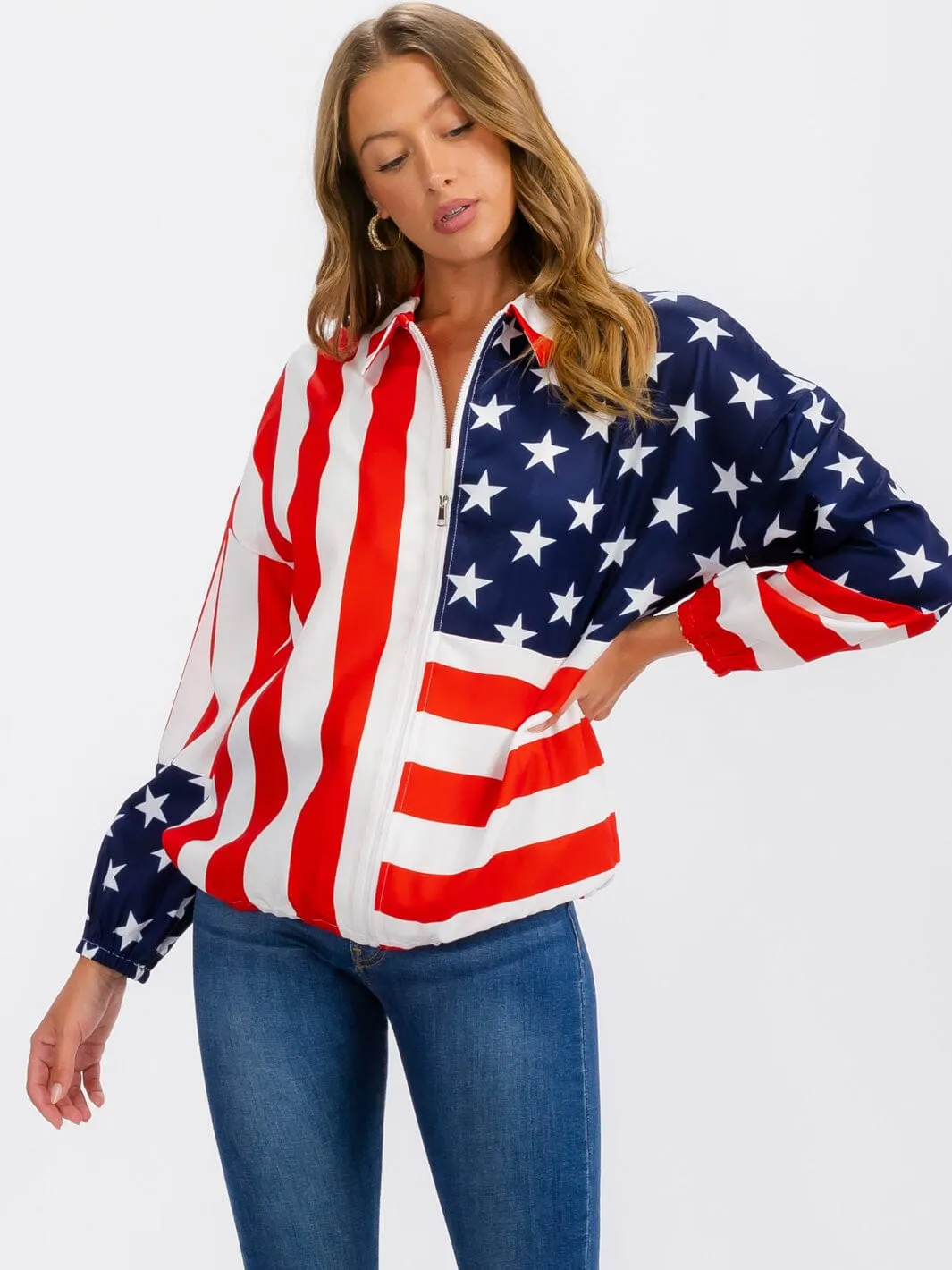 WOMEN'S LONG SLEEVE ZIP UP AMERICA FLAG PRINT LIGHTWEIGHT JACKET